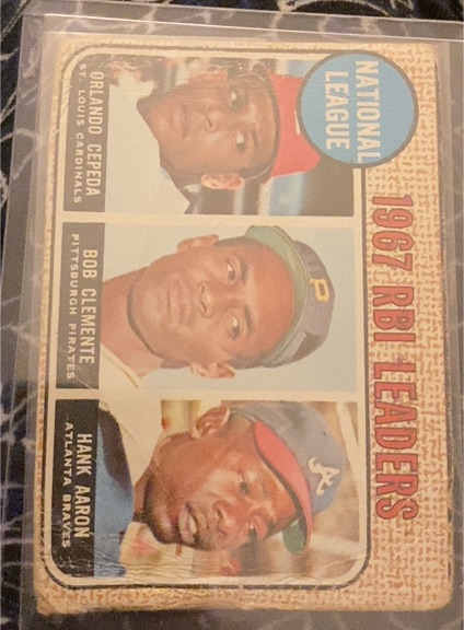 1968 Topps #3 Orlando Cepeda/Roberto Clemente/Hank Aaron National League 1967 RBI Leaders — front