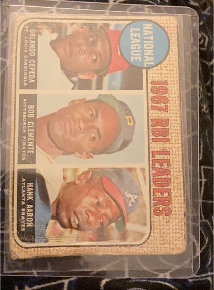 1968 Topps #3 National League 1967 RBI Leaders Orlando Cepeda, Roberto Clemente, Hank Aaron — front