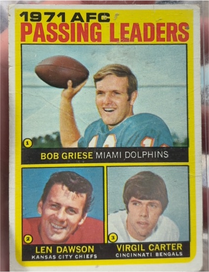 1972 Topps #3 1971 AFC Passing Leaders Bob Griese / Len Dawson / Virgil Carter — front