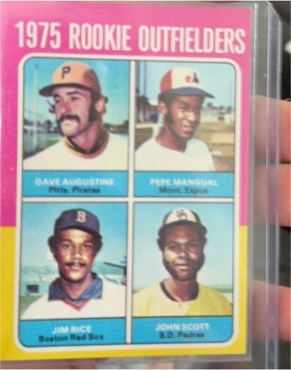 1975 Topps #616 Rookie Outfielders Dave Augustine Pepe Mangual Jim Rice John Scott — front