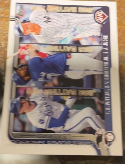 2025 Topps #345 American League Leaders AVG Bobby Witt Jr., Vladimir Guerrero Jr., Aaron Judge — front