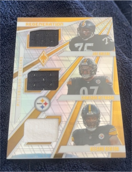 2023 Panini Phoenix Regeneration Triple Jersey Patch #Joe Greene Cameron Heyward Keeanu Benton — front