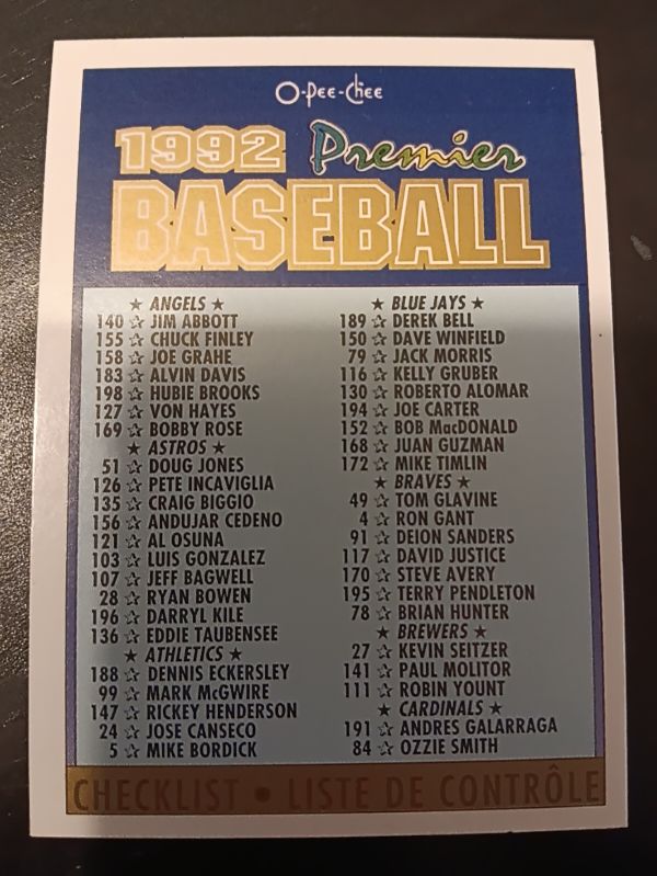 1992 O-Pee-Chee Premier Baseball #8 Checklist 100-198 — front