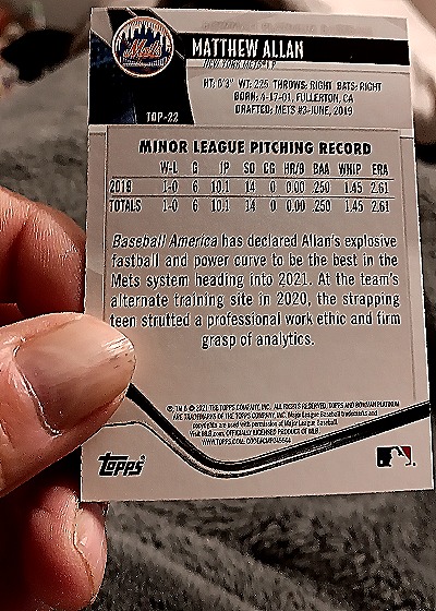 2021 Bowman Platinum #TOP-22 Matthew Allan — back