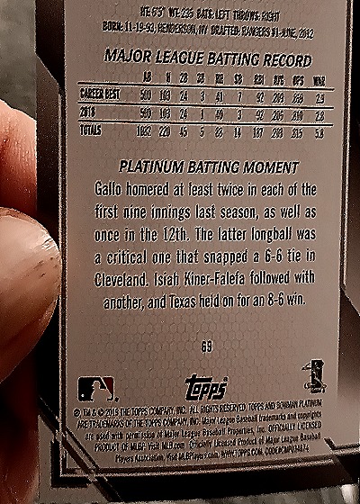 2019 Bowman Platinum #69 Joey Gallo — back