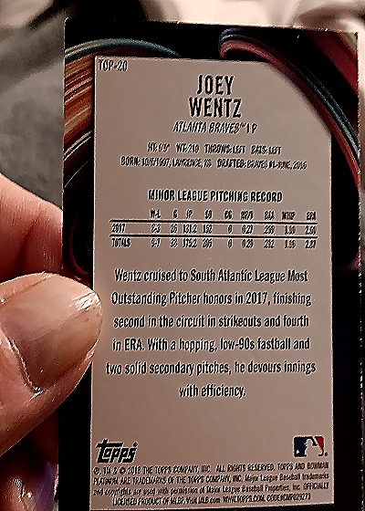 2018 Bowman Platinum #TOP-20 Joey Wentz — back