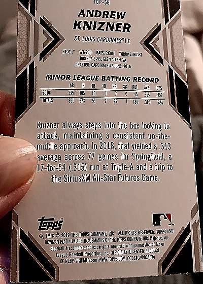 2019 Bowman Platinum Top Prospects #TOP-59 Andrew Knizner — back