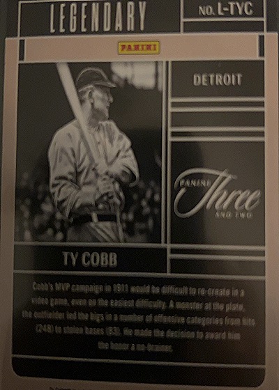 2023 Panini Three and Two Legendary #L-TYC Ty Cobb — back