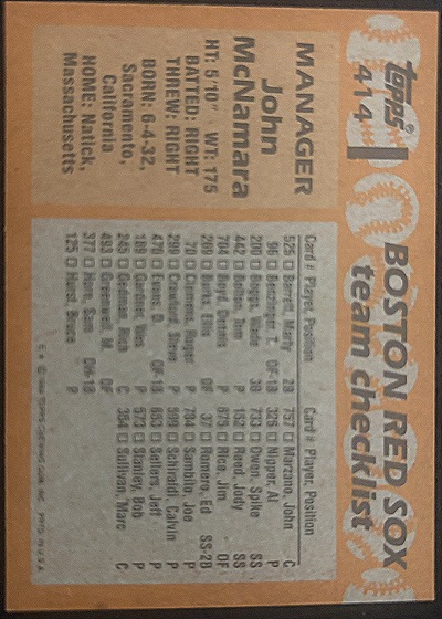 1988 Topps #414 John McNamara — back