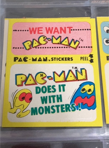 1980 Fleer Pac-Man #50 We Want Pac-Man / Monsters Sticker Card — front