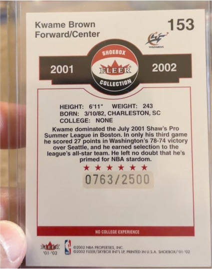 2001-02 Fleer Shoebox Collection #153 Kwame Brown Rookie RC — front