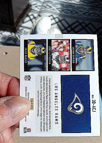 2020 Score 3D #3D-ACJ Aaron Donald / Cory Littleton / Jalen Ramsey — back
