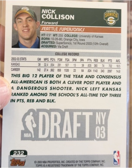 2003 Topps #232 Nick Collison — front