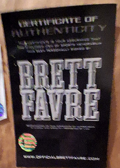 Brett Favre Certificate of Authenticity — front