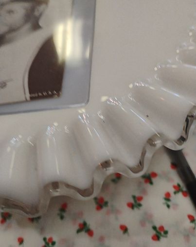 Vintage Fenton White Milk Glass Ruffled Crimped Edge Bowl — front