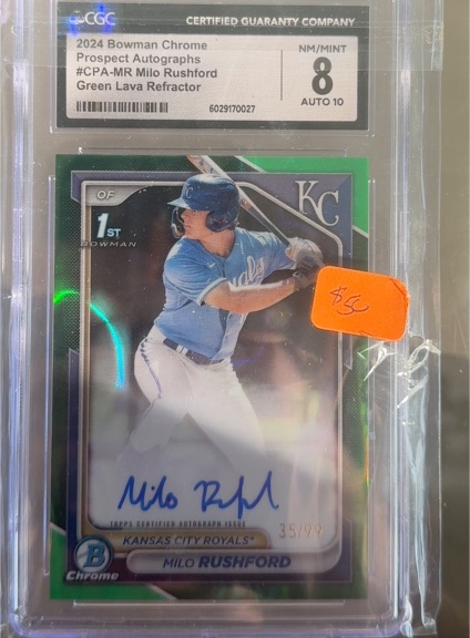 2024 Bowman Chrome Prospect Autographs #CPA-MR Milo Rushford Green Lava Refractor — front