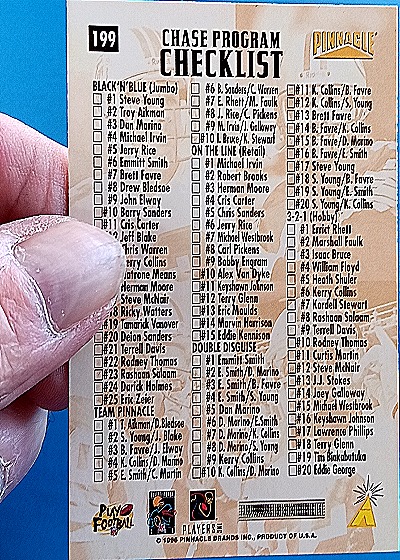 1996 Pinnacle Chase Program Checklist #199 Brett Favre Dan Marino Barry Sanders Emmitt Smith — back