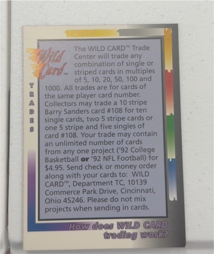 1992 NFL Wild Card Trading Concept Mail-in Card WC-FBC#2 — front