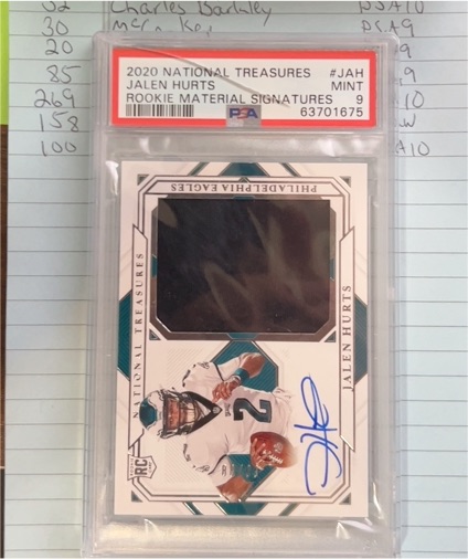 2020 National Treasures #JAH Jalen Hurts Rookie Material Signatures — front
