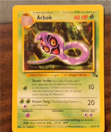 1999 Pokémon Fossil #31 Arbok — front