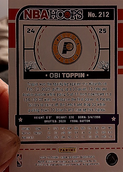 2024-25 Panini NBA Hoops Haunted Hoops #212 Obi Toppin — back