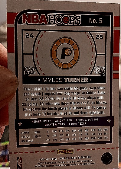 2024-25 Panini NBA Hoops Haunted Hoops #5 Myles Turner — back