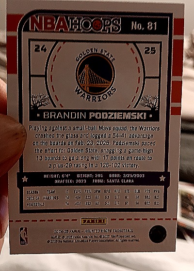 2024-25 Panini NBA Hoops #81 Brandin Podziemski — back