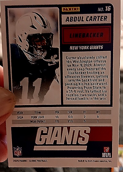 2025 Panini Score-A-Treat #16 Abdul Carter — back