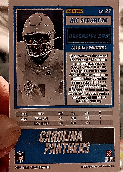2025 Score-A-Treat #27 Nic Scourton RC Carolina Panthers — back
