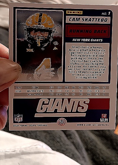 2025 Panini Score A Treat #1 Cam Skattebo — back