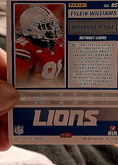 2025 Panini Score-A-Treat #85 Tyleik Williams — back