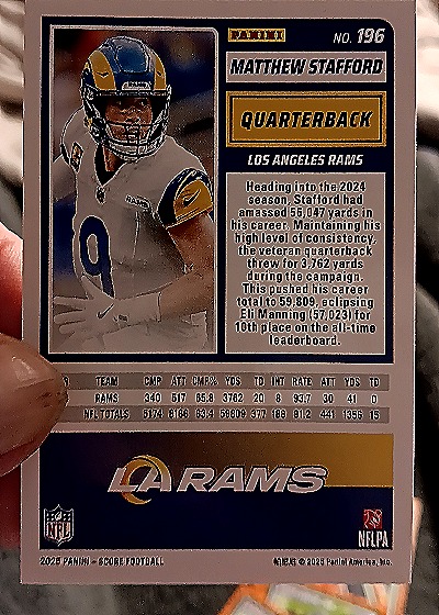 2025 Panini Score #196 Matthew Stafford — back