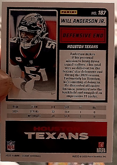 2025 Panini Score-a-Treat #187 Will Anderson Jr. — back