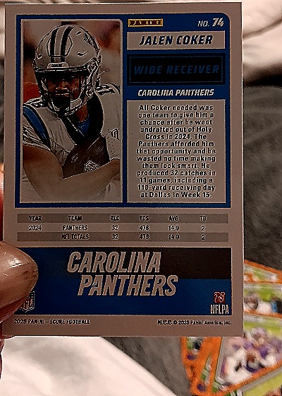 2025 Panini Score #74 Jalen Coker — back