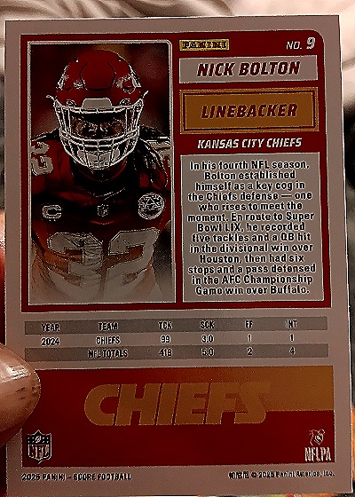 2025 Panini Score #9 Nick Bolton — back