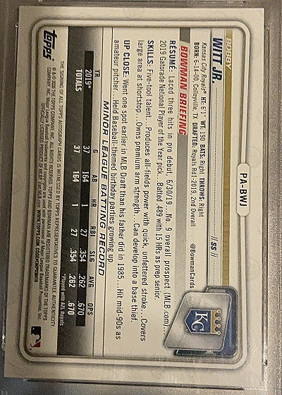 2020 Bowman Prospects Autographs #PA-BWJ Bobby Witt Jr. — back