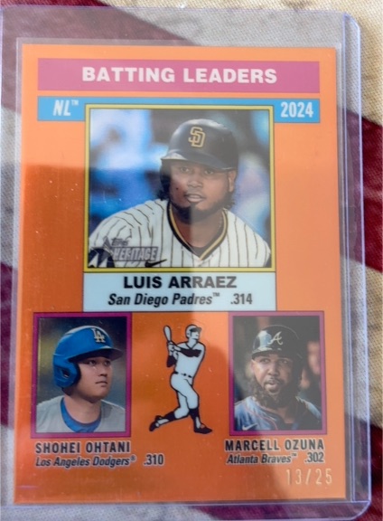 2025 Topps Heritage #191 NL Batting Leaders Luis Arraez / Shohei Ohtani / Marcell Ozuna — front