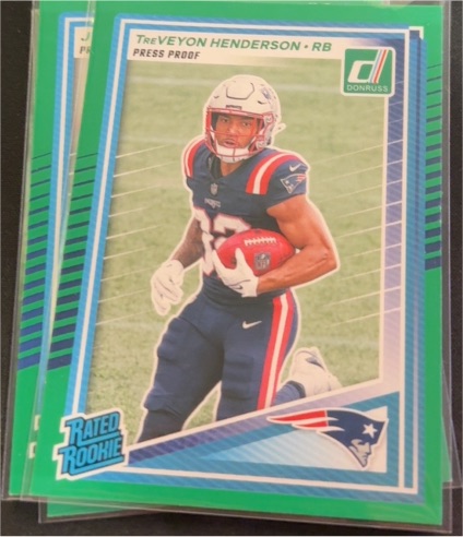 2025 Donruss #332 TreVeyon Henderson Press Proof Green Rated Rookie — front