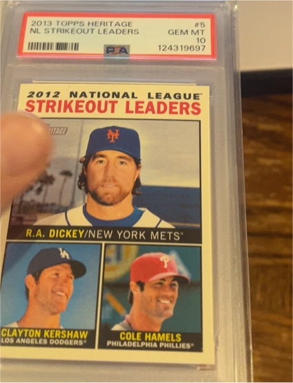 2013 Topps Heritage #5 NL Strikeout Leaders R.A. Dickey / Clayton Kershaw / Cole Hamels — front