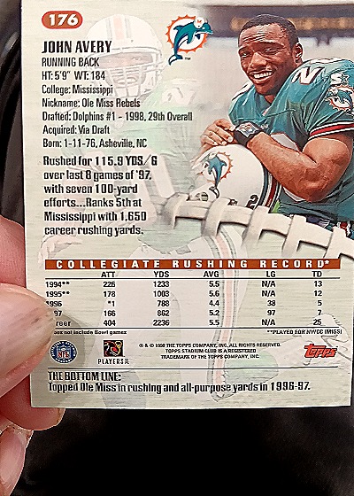 1998 Topps Stadium Club #176 John Avery — back