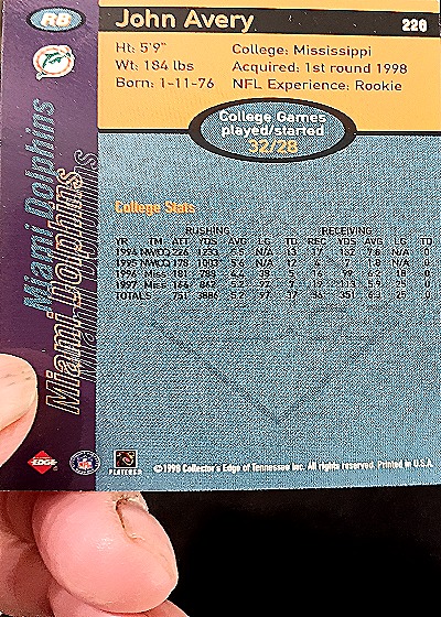 1998 Collector's Edge #220 John Avery — back