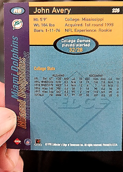 1998 Upper Deck #226 John Avery — back