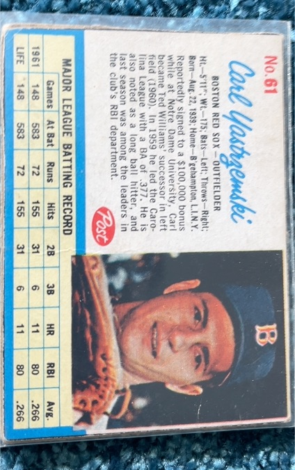 1962 Post #61 Carl Yastrzemski — front