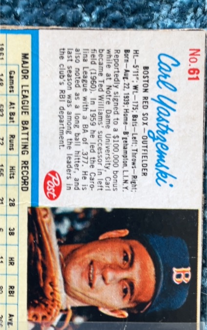 1962 Post Cereal #61 Carl Yastrzemski — front