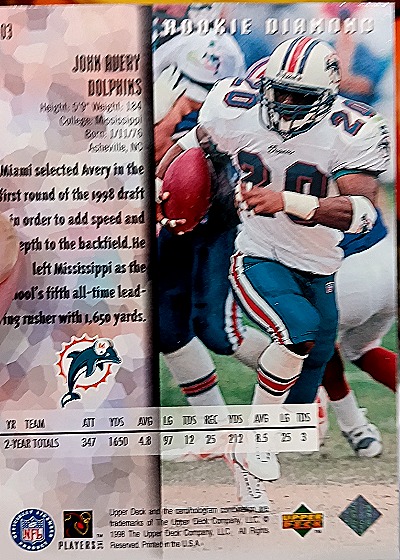 1998 Upper Deck Black Diamond #103 John Avery — back