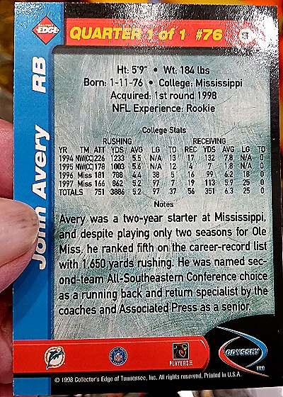 1998 Collector's Edge Odyssey 3rd Quarter #76 John Avery — back