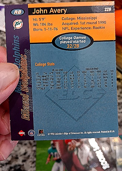1998 Collector's Edge First Place #226 John Avery — back