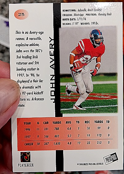 1998 Press Pass Collectibles #25 John Avery — back
