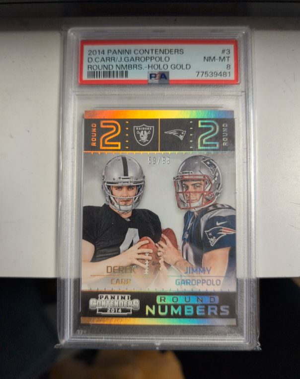 2014 Panini Contenders #3 Derek Carr/Jimmy Garoppolo Round Numbers Holo Gold — front