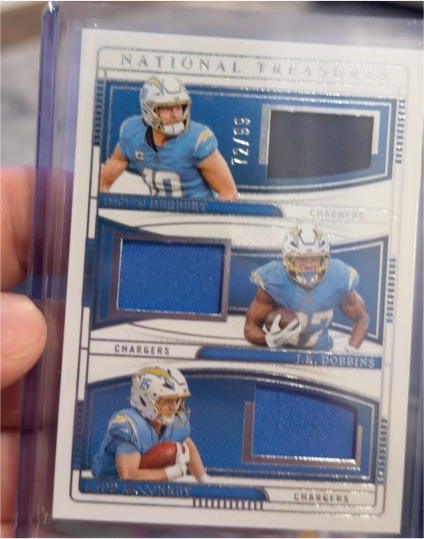 2024 Panini National Treasures #72 Justin Herbert/J.K. Dobbins/Austin Ekeler Triple Patch — front